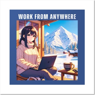 Work From Anywhere - Woman in Mountains and Snow Posters and Art